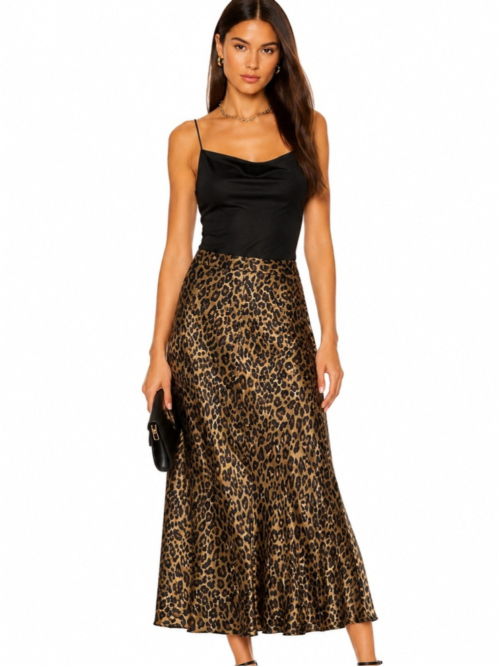 Zara Leopard Print Satin A-Line Midi Skirt - Brown/Black